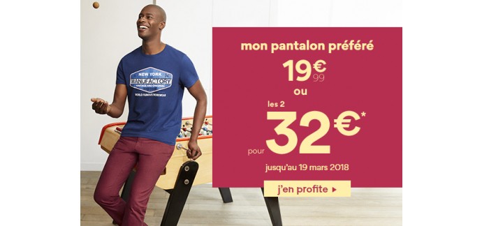 La Halle: 2 pantalons pour homme à 32€ au lieu de 39.98€