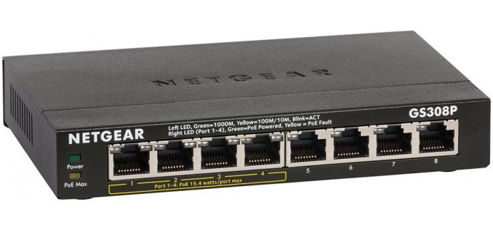 Amazon: Switch Netgear GS308P-100PES Gigabit Ethernet - 8 Ports dont 4 POE à 59,99€ au lieu de 78,90€