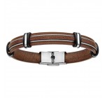 1001 Bijoux: Bracelet en acier et cuir marron avec 2 câbles gris 20cm à 33,58€ au lieu de 59,90€