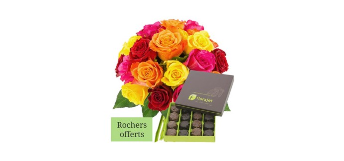 Florajet: 20 roses multicolores + rochers en chocolat offerts à 25,50€