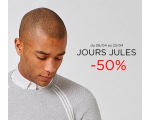 Jules: Jours Jules : jusqu'à - 50% sur une sélection d'articles. Ex : chemise en jeans à 15€ au lieu de 30€