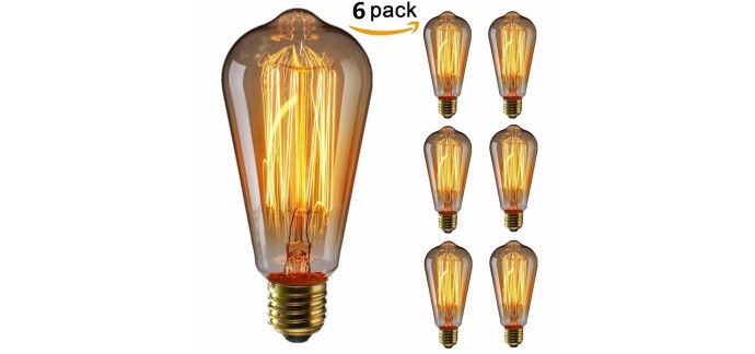 Amazon: Ampoule à incandescence rétro Edison pack de 6 à 22,94€ au lieu de 77,11€