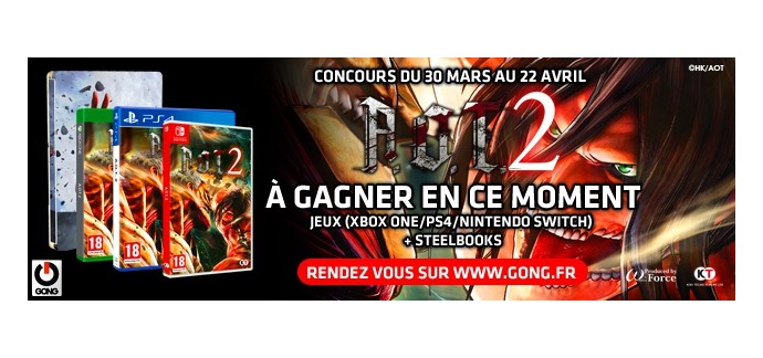 GONG NETWORKS: 2 jeux PS4 "A.O.T 2" (≈50 €) ou 1 jeu Xbox One (≈50 €) 