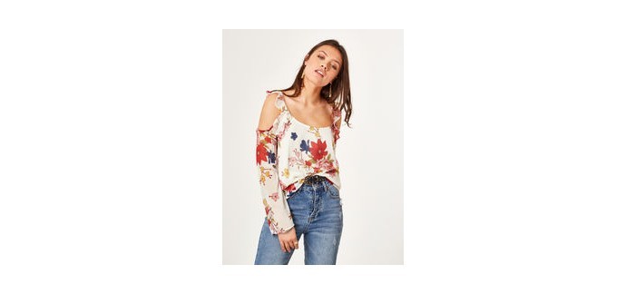 Jennyfer: Blouse épaules ajourées écru en crêpe  imprimé floral d'une valeur de 7,99€ au lieu de 19,99€