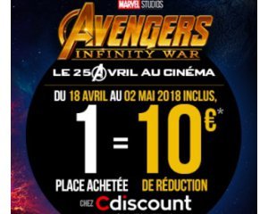 Cdiscount: -10€ sur Cdiscount pour toute réservation d'une place de cinéma pour le film AVENGERS : INFINTY WAR