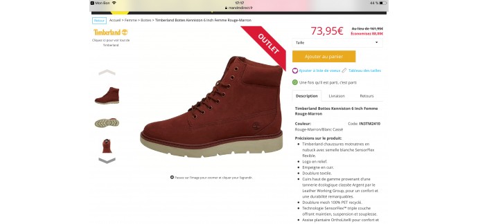 MandMDirect : Bottes Timberland rouge/marron à 73,95€ 