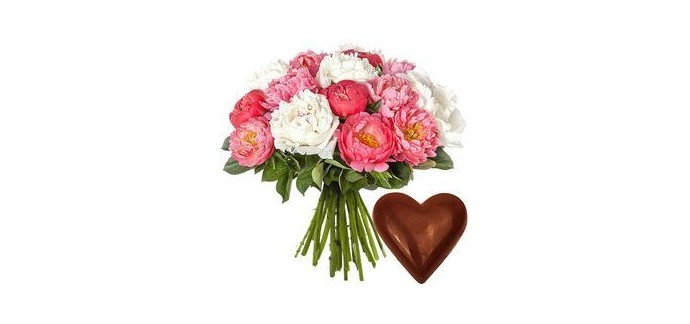 Florajet: Bouquet de15 pivoines + coeur en chocolat offert à 29€ au lieu de 36,90€