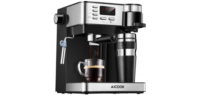 Amazon: Aicook Cafetière 3 in 1, 15 bars avec mousseur à lait à 75€ au lieu de 139,99€