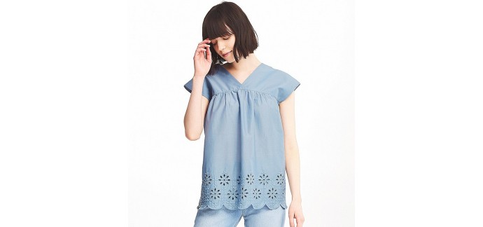 Uniqlo: Blouse femme brodée 100% coton couleur bleu d'une valeur de 14,90€ au lieu de 24,90€