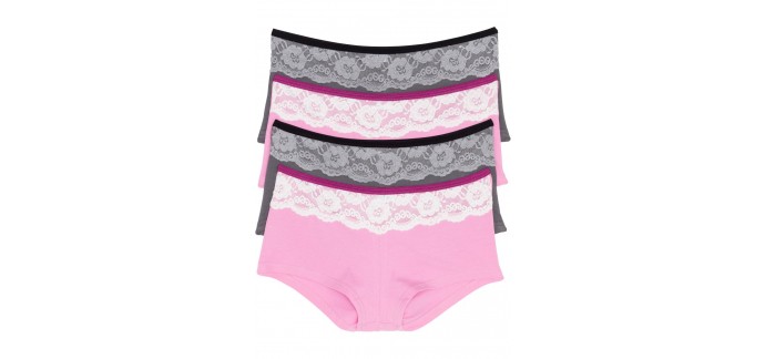 Bonprix: Lot de 4 shorties à dentelle femme rose/gris au prix de 9,99€ au lieu de 15,99€