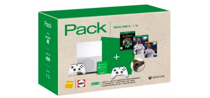 Fnac: Xbox One S 1To + 2e manette + Sea of Thieves + FIFA 18 + Guide + Ballon + Xbox Live 3 mois à  299€