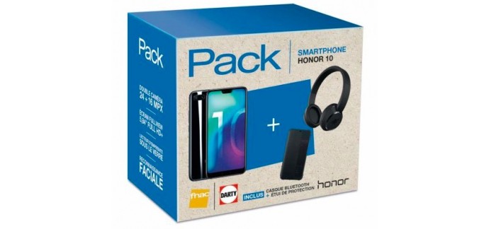 Fnac: Smartphone Honor 10 Double SIM 64 Go Noir + Casque Bluetooth iFrogz + Etui de protection à 399€