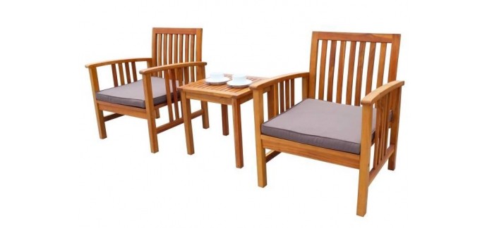 Cdiscount: Salon de jardin 2 places (1 table et 2 fauteuils) en bois d'acacia à 89,99€