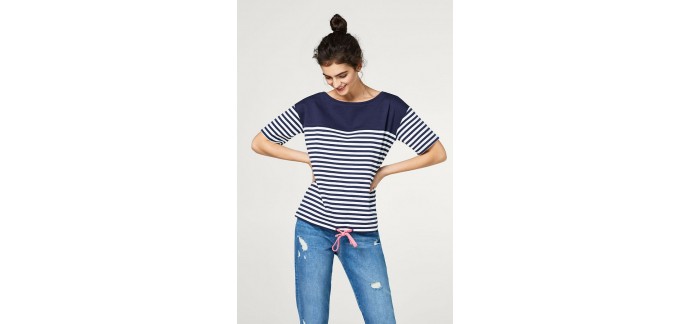 Esprit: T-shirt femme manches courtes rayures marines cordon au prix de 19,99€ au lieu de 35,99€ 