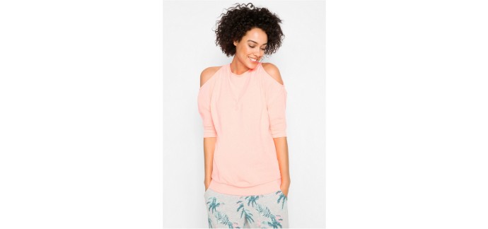 Bonprix: T-shirt femme manches 3/4 épaules dévoilées rose néon au prix de 5,99€ au lieu de 12,99€ 