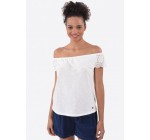 Kaporal Jeans: Tee-shirt femme épaules dénudées avec col volanté blanc au prix de 21€ au lieu de 35€