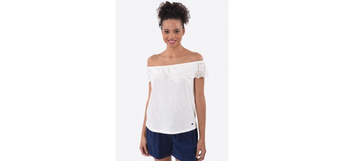 Kaporal Jeans: Tee-shirt femme épaules dénudées avec col volanté blanc au prix de 21€ au lieu de 35€