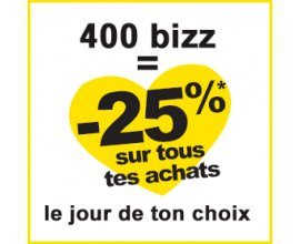 Bizzbee: 400 points de fidélité bizz cumulés = 25% de réduction sur tous vos achats pendant une journée