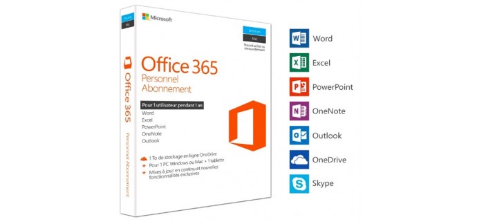 Amazon: Abonnement Microsoft Office 365 Personnel (1 PC Windows ou Mac + 1 tablette) 1 an à 36,15€