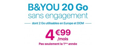 Bouygues Telecom: Forfait mobile B&YOU tout illimité + 20Go d'internet (dont 2Go en Europe) à 4,99€/mois à vie