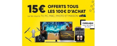 Fnac: [Adhérents] 15€ offerts par tranche de 100€ sur les rayons TV, PC, MAC, photo et maison