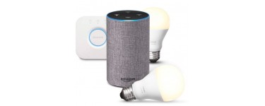 Amazon: Amazon Echo (2e génération) + kit de démarrage Philips HUE (2 ampoules + pont) à 109,99€