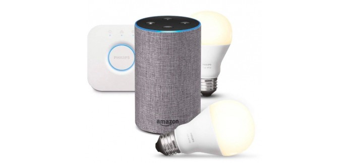 Amazon: Amazon Echo (2e génération) + kit de démarrage Philips HUE (2 ampoules + pont) à 109,99€