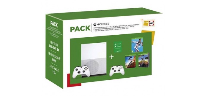 Fnac: Console Xbox One S 1 To + FIFA 19 + Forza Horizon 4 + PUBG + 2e manette + Xbox Live 3 mois à 299€