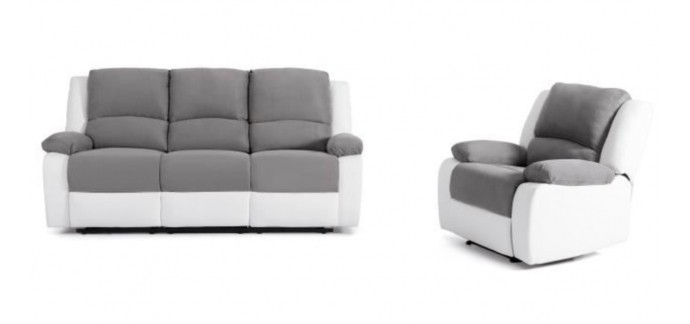 Cdiscount: Canapé de relaxation 3 places + fauteuil en simili blanc et tissu gris à 599,99€