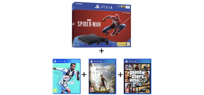 Auchan: Console PS4 1To Spider-Man + FIFA 19 + Assassin's Creed Odyssey + GTA V à 369,99€
