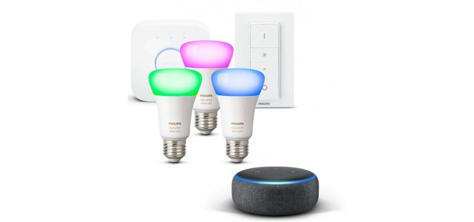 Amazon: Kit de démarrage Philips Hue White and Color Ambiance + Echo Dot (3ème génération) à 154,99€