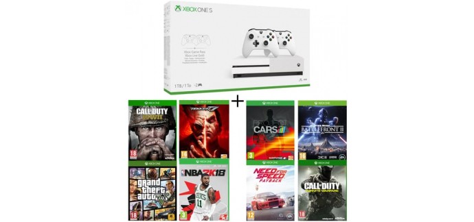 Auchan: Pack Console Xbox One S 1To + 2 manettes + 8 jeux à 289€ 