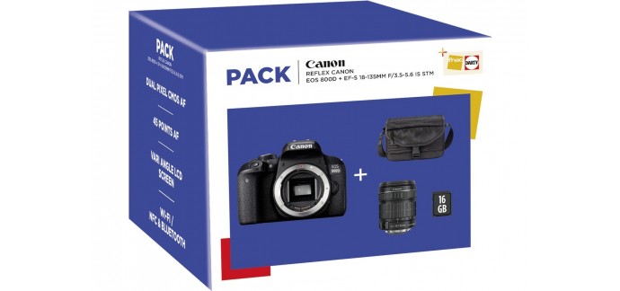 Darty: Pack Reflex Canon 800D + 18-135 IS STM + Fourre-tout + Carte SD 16Go à 699€ 