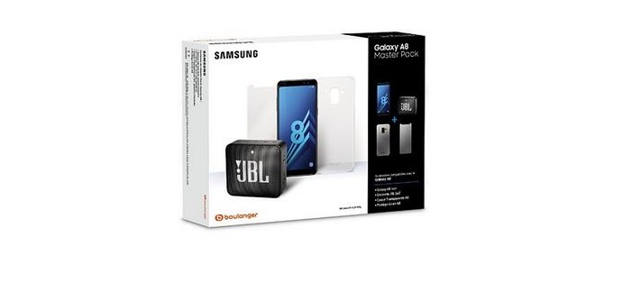 Boulanger: Pack Smartphone Samsung A8 + Coque + Verre trempé + Enceinte JBL Go 2 à 249€ (dont 70 via ODR)