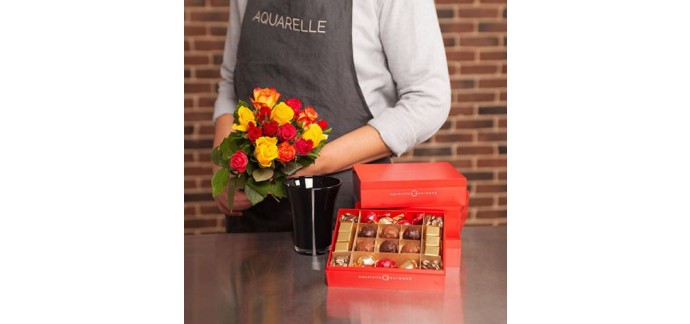 Aquarelle: 320 g de chocolats + 15 roses + vase en verre à 34 € au lieu de 41 €