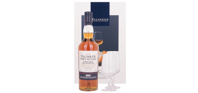 Amazon: Coffret Whisky Single Malt Talisker Port Ruighe Highland avec 2 Verres 700 ml à 48,99€