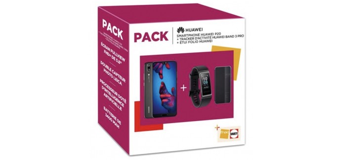 Fnac: Pack Smartphone Huawei P20 Double SIM 128 Go Noir + Montre connectée Band 3 + Folio en soldes à 399€