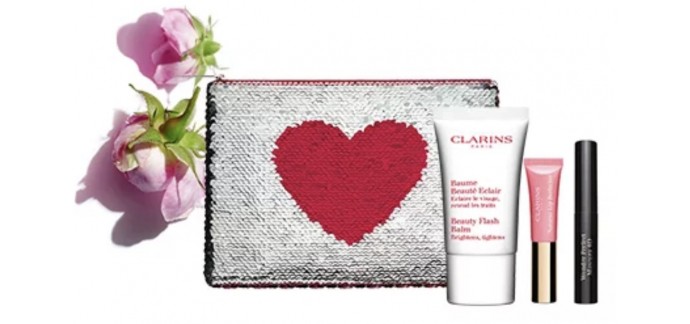 Clarins: 1 trousse sequins comprenant 1 soin, 1 baume à lèvres et 1 mascara offerte dès 60€ d'achat