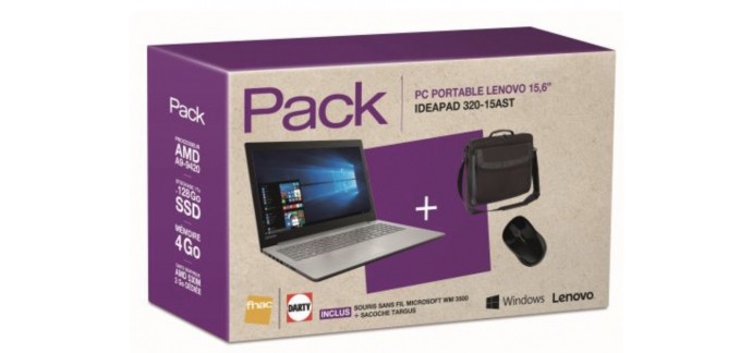 Fnac: PC Portable Lenovo IdeaPad 320-15AST 15.6" + sac de transport et souris sans fil à 499,99€
