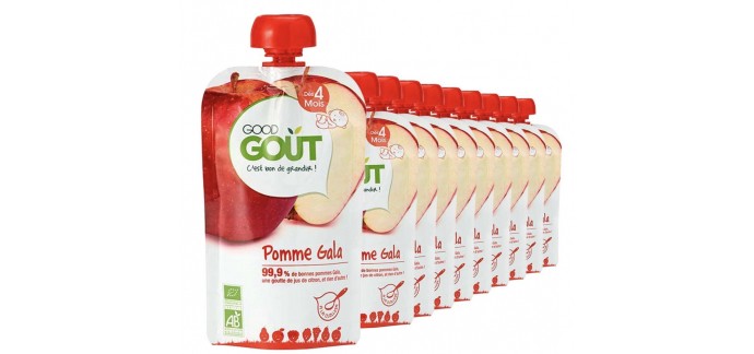 Amazon: Pack de 10 gourdes de purée de fruit pomme gala Good Goût - BIO (120g) dès 4 mois à 6,66€