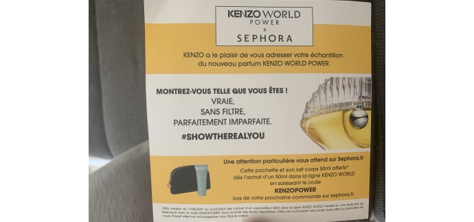 Sephora: 1 pochette et son lait corps 50ml offerts dès l'achat d'une 50 ml dans la ligne Kenzo World