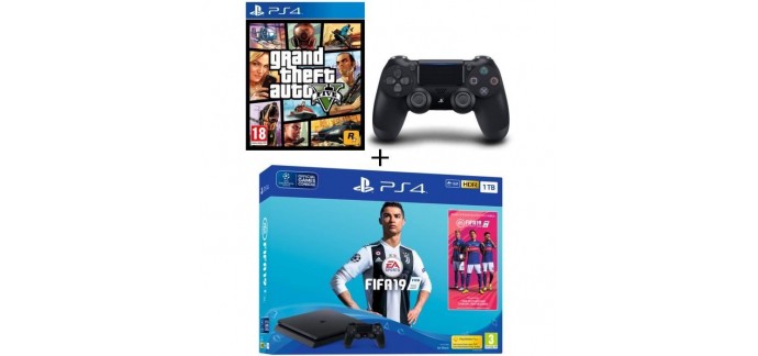 Cdiscount: Pack PS4 1 To Noire + 2 Jeux : FIFA 19 + GTA V + 2ème manette DualShock 4 V2 Noire à 309.99€