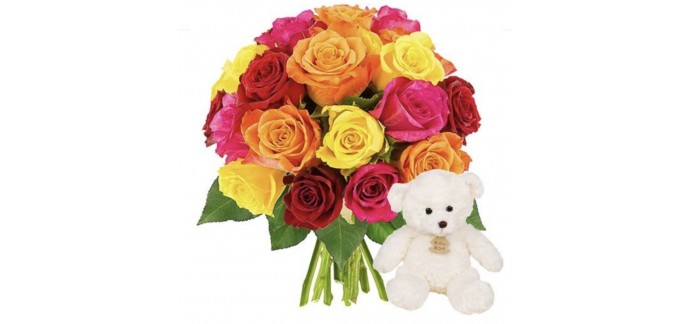 Florajet: 10€ offerts et un ourson blanc en peluche pour l'achat d'un bouquet de 20 roses