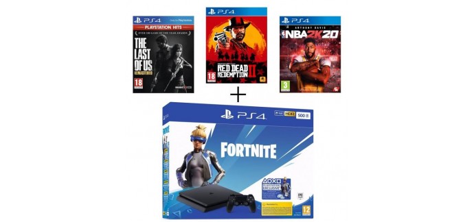 Cdiscount: Pack PS4 500 Go Noire + 4 jeux The Last Of Us, Red Dead Redemption, NBA 2K20 et Fortnite à 299,99€
