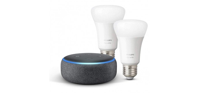 Amazon: Assistant vocal Echo Dot (3e Gen.) + Pack de 2 ampoules LED Connectées Philips Hue White à 36,99€