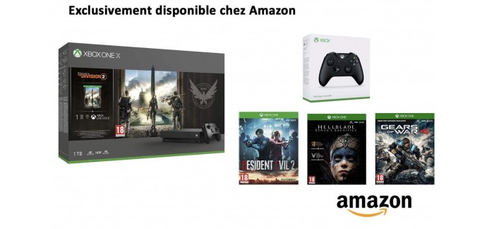Amazon: Pack console Xbox One X + 2e Manette + 4 jeux (Division 2, Resident Evil, HellBlade et GOW 4) à 399€