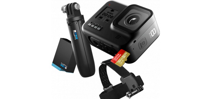 GoPro: Caméra GoPro HERO8 Black + poignée + bandeau frontal + carte SD 32Go + 2e batterie à 379,99€