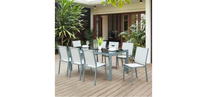 Cdiscount: Ensemble repas de jardin 8 personnes- table 180x90cm plateau en verre et 8 chaises à 387,99€