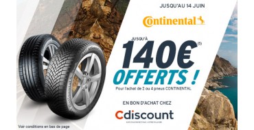 1001pneus: Jusqu'à 140€ offerts en bon d'achat chez Cdiscount pour l'achat de 2 ou 4 pneus CONTINENTAL
