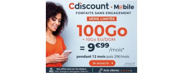 Cdiscount Mobile: Forfait Mobile sans engagement Appels, SMS, MM illimités + 100Go de data à 9,99€/mois pendant 1 an